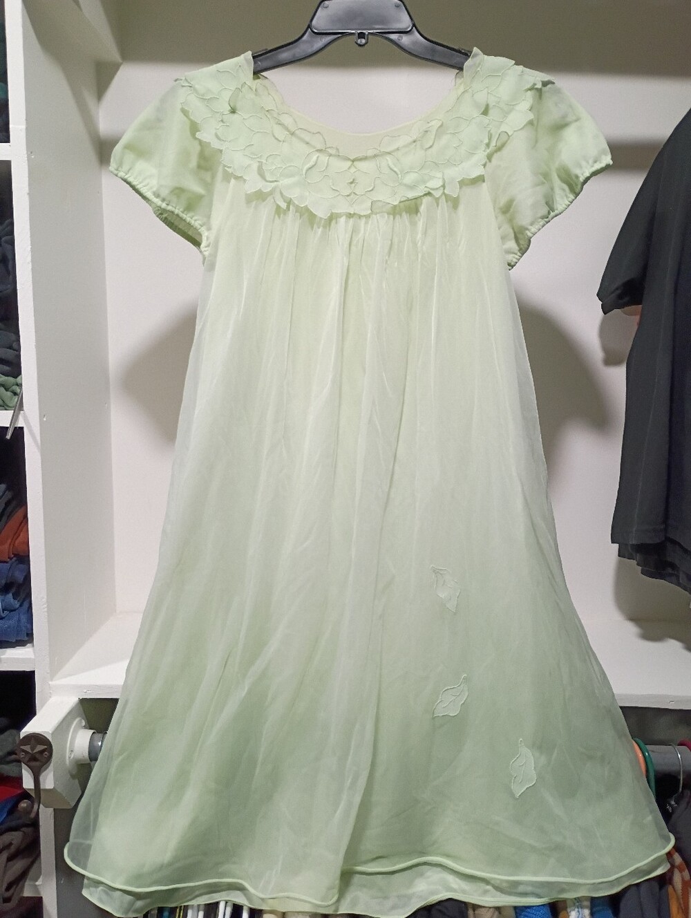 Vintage 1960s Dorsay Nylon Chiffon Light Green Negligee Nightgown Lingerie